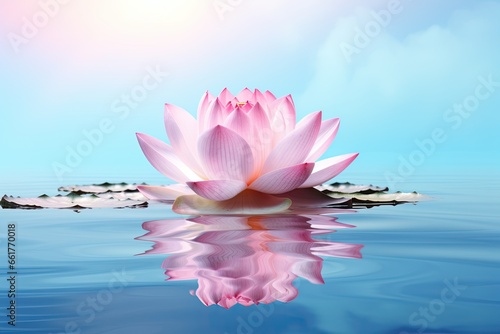 close-up the pink lotus flower on the lake with reflection