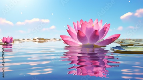 close-up the pink lotus flower on the lake with reflection