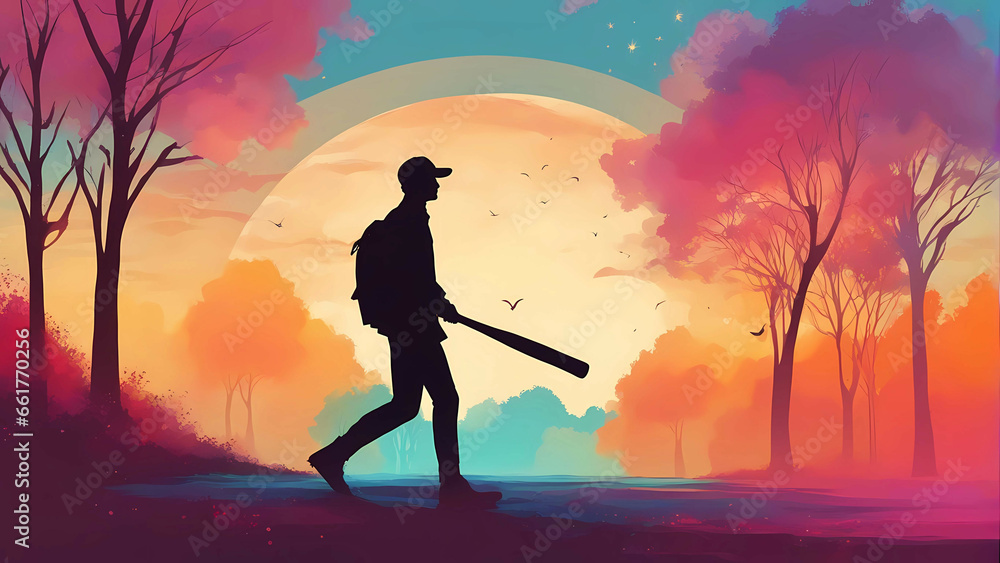 Silhouette of a man walking with a baseball bat.