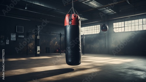 Empty boxing gym with punching bag for fitness workout photo