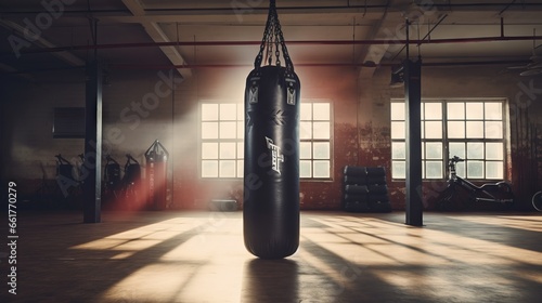 Empty boxing gym with punching bag for fitness workout photo