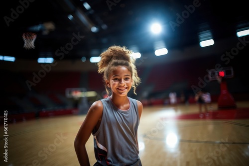 Close-up of a pretty African American 15 year old girl in a sports uniform in a large sports hall. photo