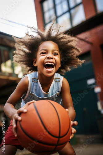 Portrait of a little female basketball player practicing with the classic ball outside. Mini basketball concept.