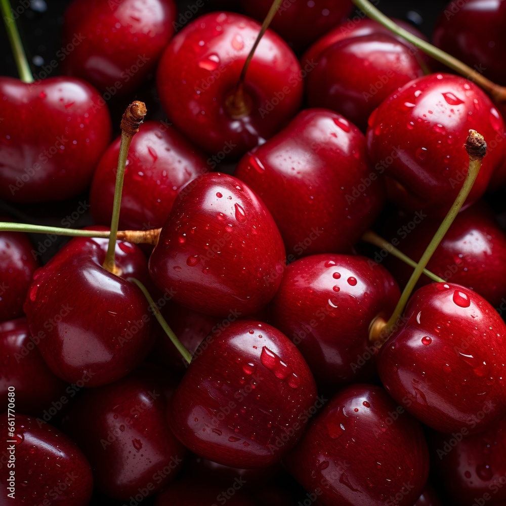 Cherries with water drops close-up as background, top view. Healthy dieting concept Cherries with water drops close-up as background, top view. Healthy dieting concept