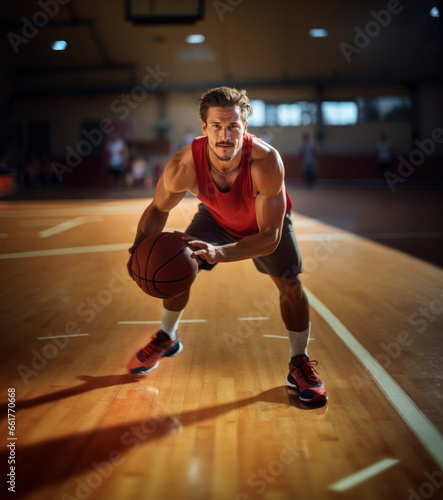 Muscular basketball player in action. © Irina