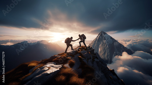 A hiker man helping his friend to reach the top of the hill in a mountain. Success concept. Wilderness photograph generated by AI tools. © bagotaj