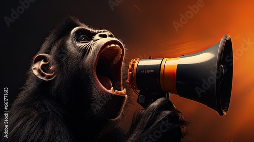 funny monkey is holding and screaming into a loudspeaker. Business and management, concept. Creative advertising idea