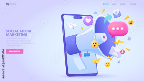 Social media marketing, digital marketing, loudspeaker in smartphone with icons and emoji. 3d design concept for landing page. Three dimensional vector illustration for website, print, banner