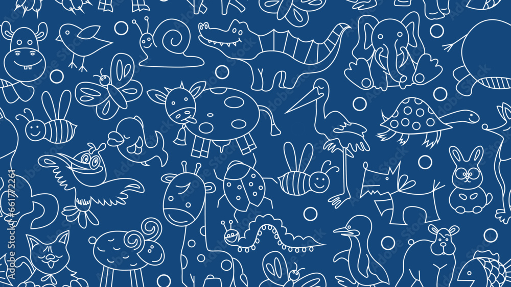 Seamless pattern of white doodle animals on a blue background Seamless pattern of white doodle animals on a blue background