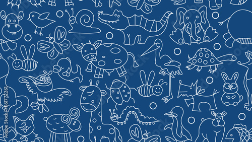 Seamless pattern of white doodle animals on a blue background