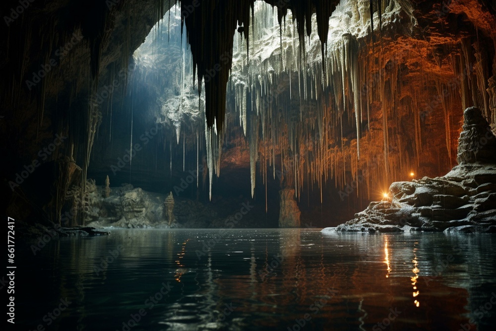 A cave formed by dripping water, known for its beautiful formations of stalactites and