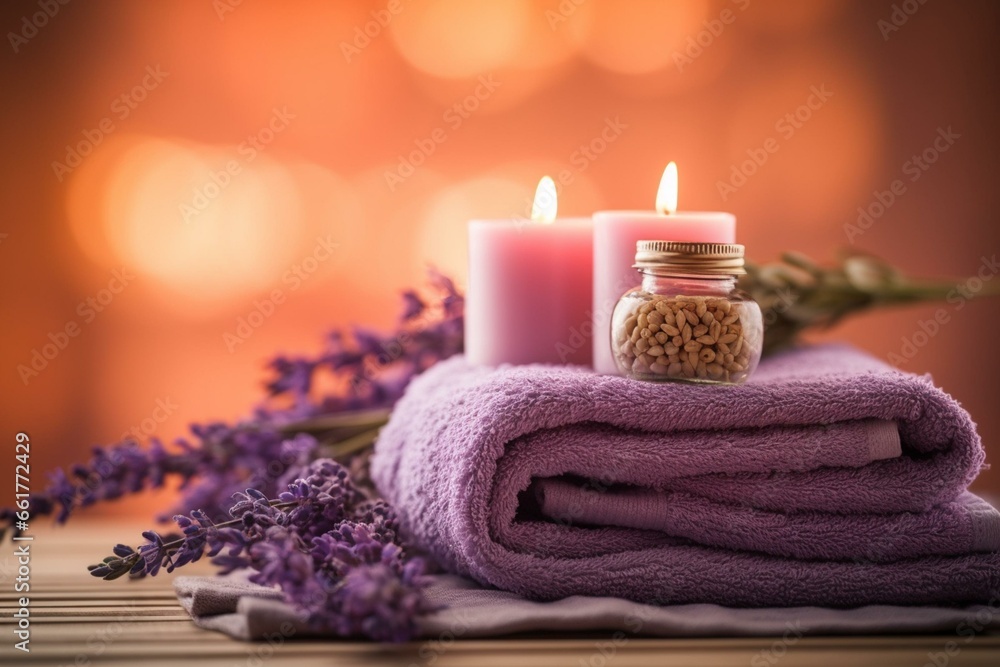 Relaxing spa ambience with towels, candle, lavender, and blurred background. Generative AI