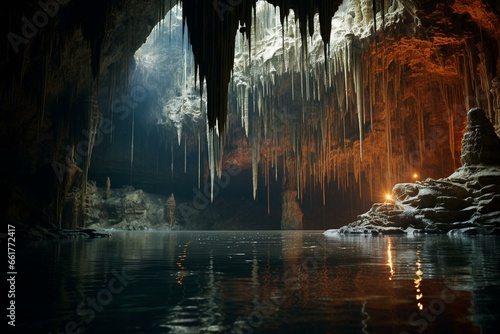 A cave formed by dripping water, known for its beautiful formations of stalactites and stalagmites. Generative AI photo