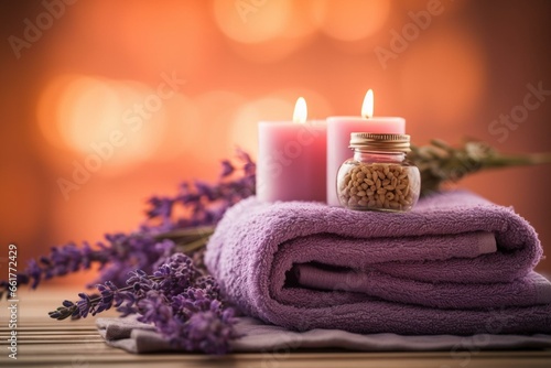 Relaxing spa ambience with towels  candle  lavender  and blurred background. Generative AI
