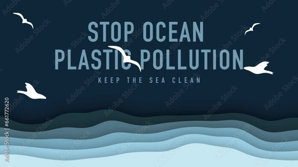stop ocean plastic pollution animation. Calm waves and seagulls in the background. Keep the ocean clean motion graphic. stop ocean plastic pollution animation. Calm waves and seagulls in the background. Keep the ocean clean motion graphic.