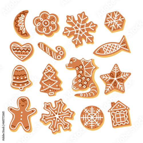 Set of gingerbread cookies isolated on white background