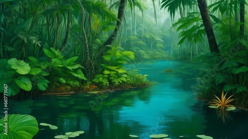 beautiful rainforest panorama with pond, generative Ai art