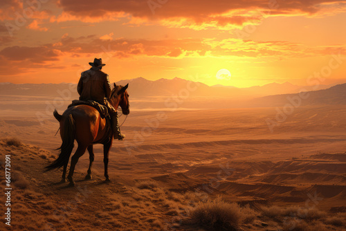 Cowboy riding a horse across a vast desert landscape during the golden hour