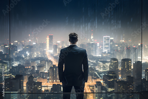 Rear view shot Business man on a tall building peak.