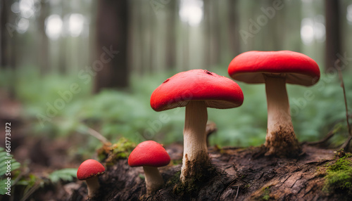 red Mashrooms growing on Wooden inforest,