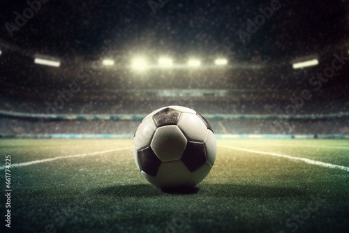 Spotlight on soccer ball on the field. Generative AI © Sawyer