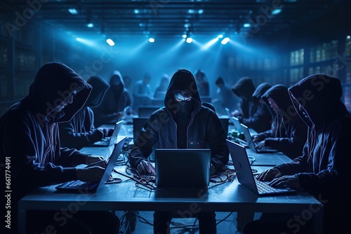 Group of hackers in hoodies sitting and typing on keyboards.