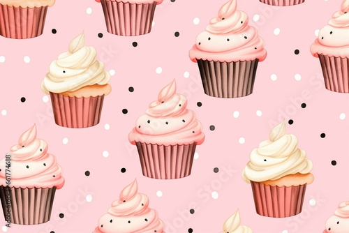 Cupcakes on light pink background with white polka dots in a seamless watercolor pattern. Generative AI
