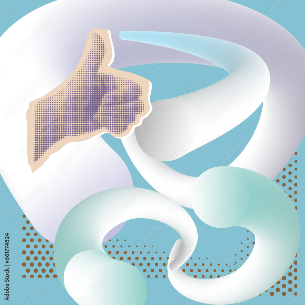 Abstract white liquid wavy shapes futuristic blue background with halftone hand, retro halftone collage elements Abstract white liquid wavy shapes futuristic blue background with halftone hand, retro halftone collage elements