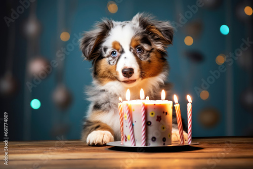 Cute puppy of australian shepherd celebrating birthday
