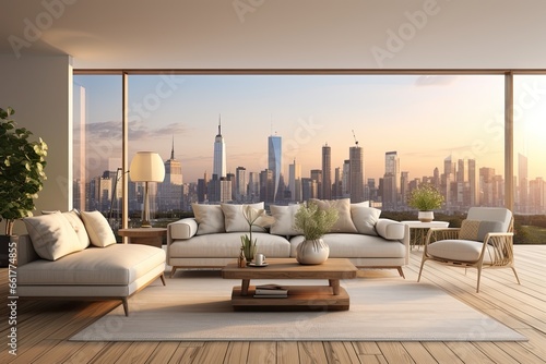 living room with city skyline. living room panoramic with large windows
