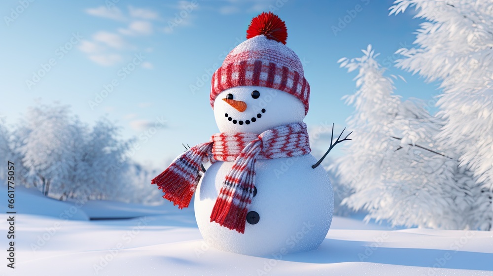 Obraz premium Happy snowman standing with a scarf at sunset. Generative AI