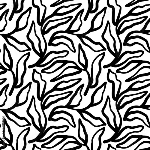 Abstract seamless pattern with lines and leaves. Black and white ornament for textiles and design. Simple vector illustration.