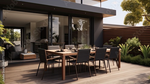 Contemporary home with patio panoramic view and practical outdoor furnishings. house patio design modern house 