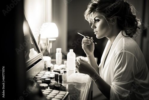 woman preparing for work in the morning, putting makeup on