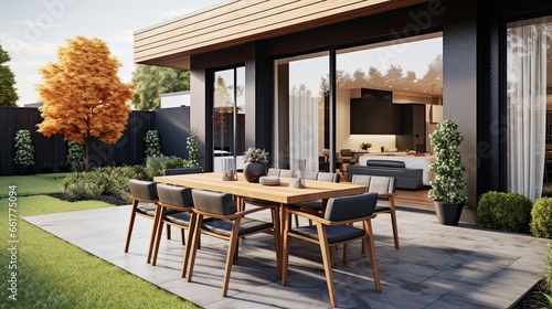 Contemporary home with patio panoramic view and practical outdoor furnishings. house patio design modern house 