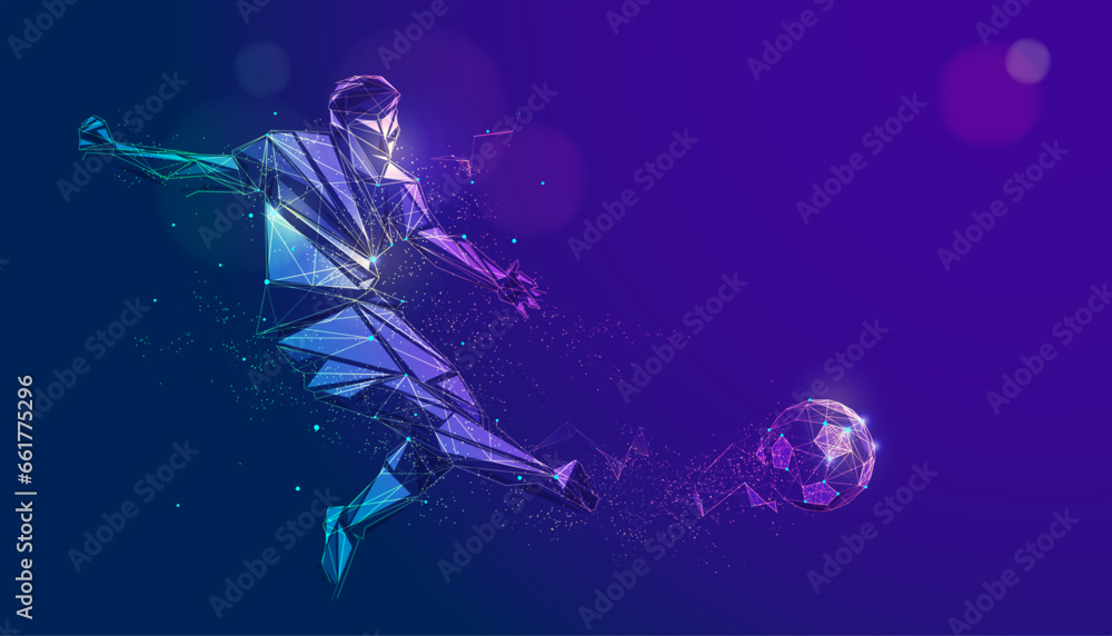 graphic of wireframe low poly soccer player shooting football graphic of wireframe low poly soccer player shooting football