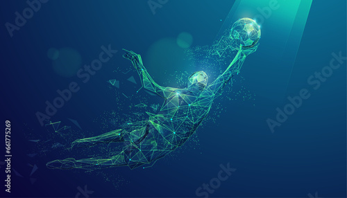 graphic of wireframe low poly goalkeeper catching football in futuristic style
