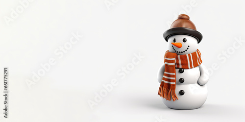 Happy snowman standing with a scarf on light background. Generative AI