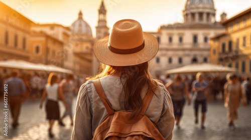 Back view of Tourist woman with hat and backpack at vacation in Rome, Italy.