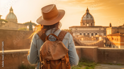 Back view of Tourist woman with hat and backpack at vacation in Rome, Italy. © tong2530