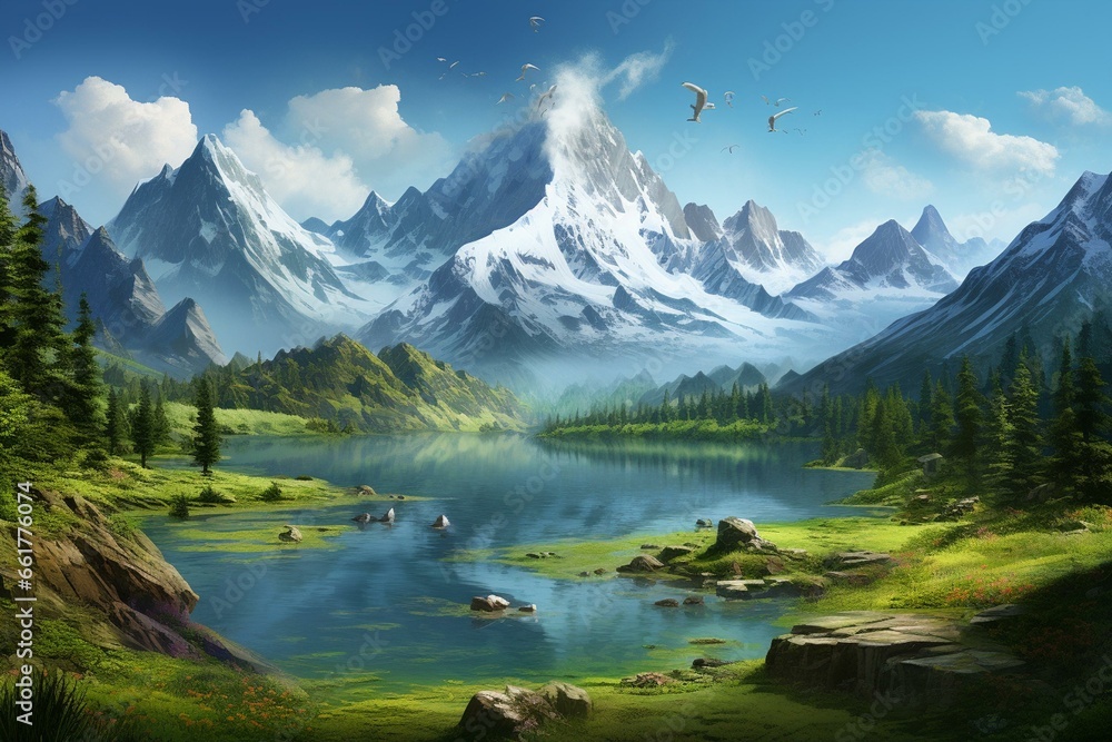 Beautiful scenery with lush mountains, a serene lake, and stunning landscape. Generative AI