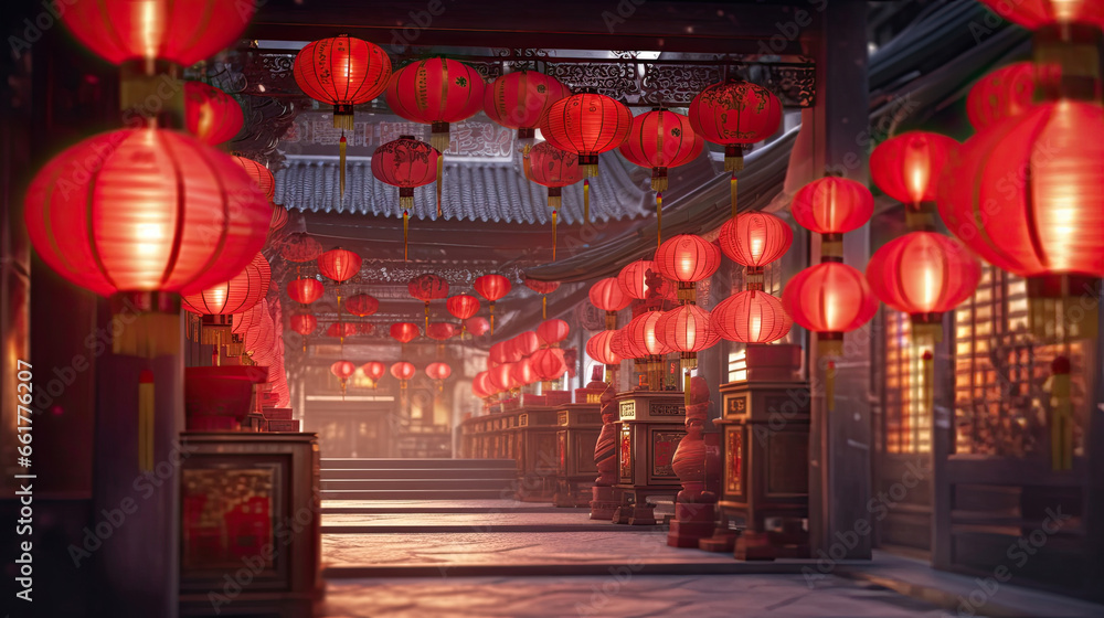Celebration chinese new year in china town. Dragon and paper red lanterns. Chinese New Year concept. - obrazy, fototapety, plakaty 