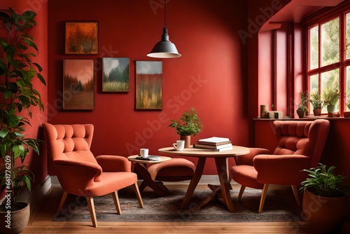 A cozy reading nook with two comfortable chairs and a wooden table on a warm red wall. © ASMAT