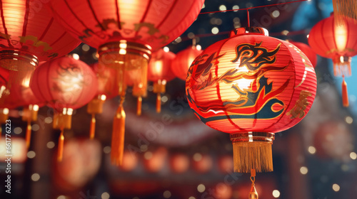 Celebration chinese new year in china town. Dragon and paper red lanterns. Chinese New Year concept. © tong2530