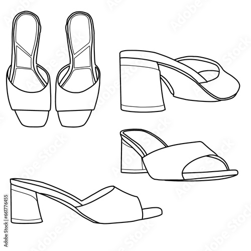 Backless mule shoes or slip-on loafers. Footwear flat color icon set isolated on white background.
