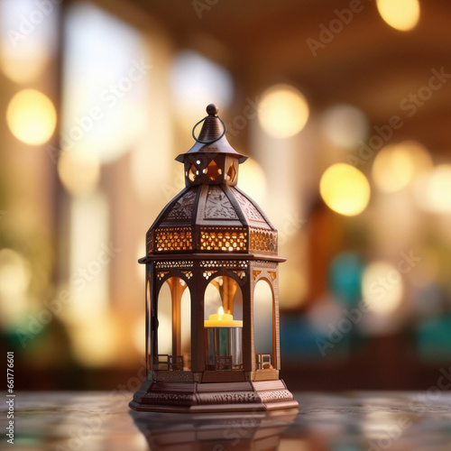 Ramadan Kareem greeting. Islamic lantern on table. © Neha