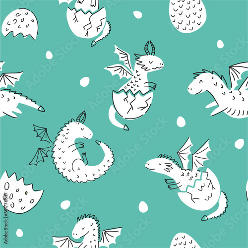 Vector pattern from a collection of various dragons and dinosaurs and dragon eggs, hand-drawn in the style of doodles