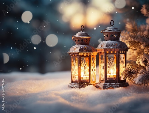 Christmas latern on snow background,merry Christmas  © Lynda