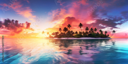 Colorful tropical sunset over exotic island in the sea or ocean