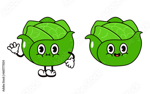 Cabbage character. Vector hand drawn traditional cartoon vintage, retro, kawaii character illustration icon. Isolated on white background. Cabbage character concept